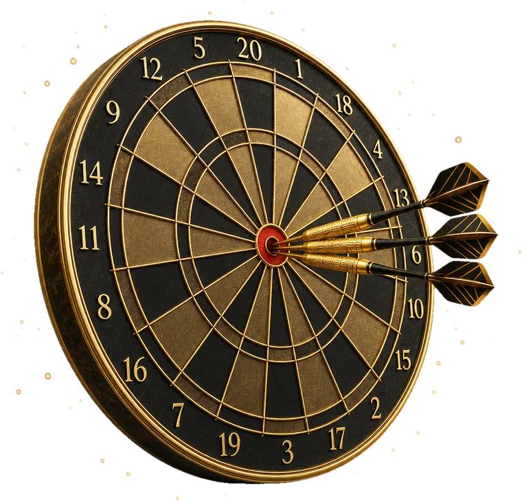 A classic bristle dartboard with red and green segments and three darts in the treble twenty