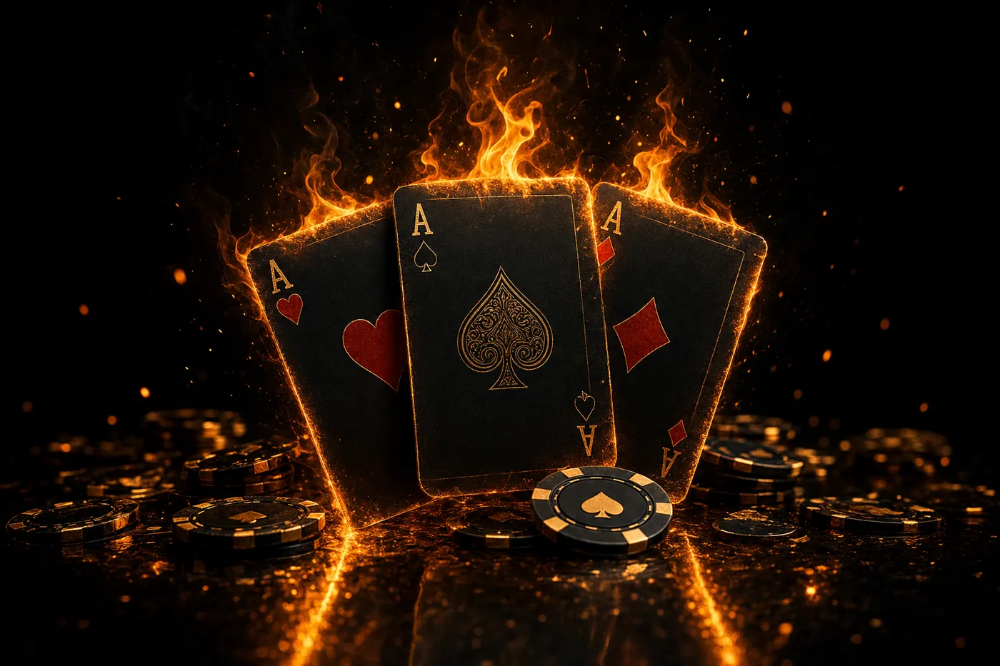 Three black aces fanned on a dark table, their edges burning with golden flames