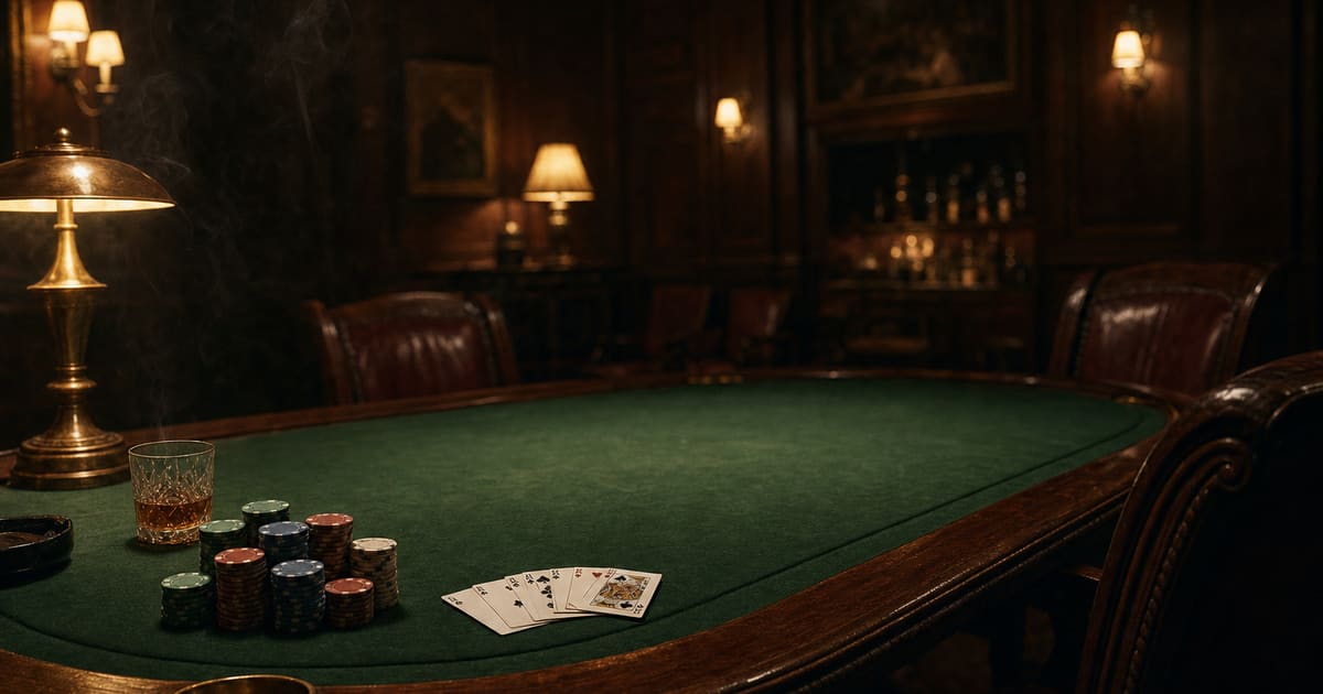 Playing cards and chips laid out across a green felt card table under a brass lamp
