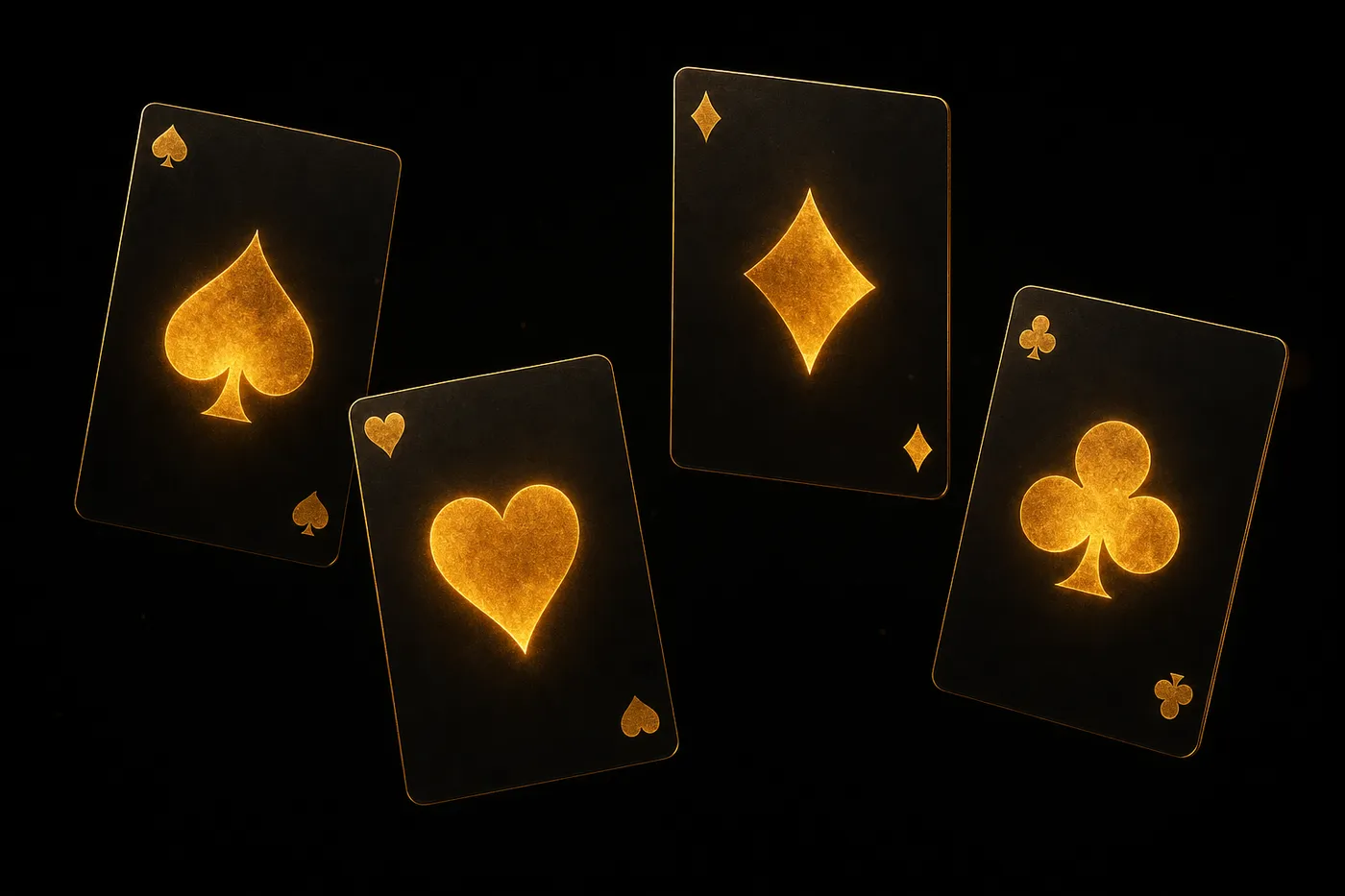 Four black playing cards, each suit symbol glowing warm gold from within