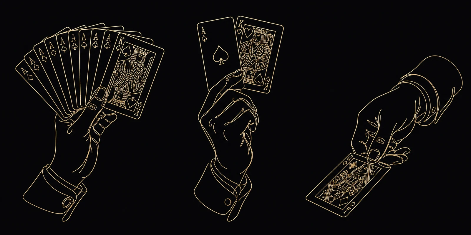 Line-art illustration of hands fanning and dealing playing cards
