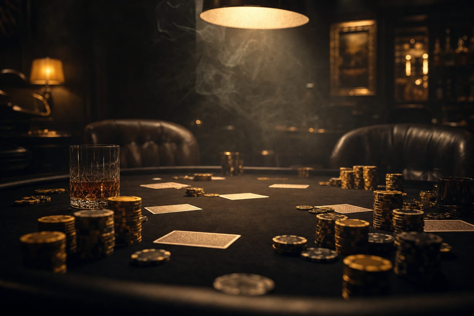 A warm private poker lounge with a green felt table, stacked chips and cards under low golden light