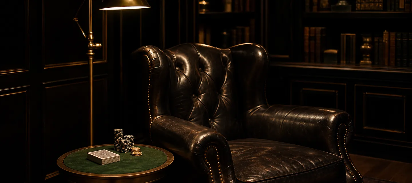 An intimate lounge corner with a brass floor lamp, a deep leather armchair and a small side table holding cards and chips