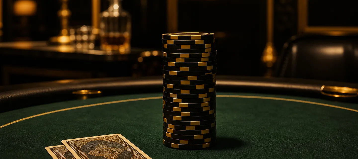 A full stack of ceramic chips pushed forward into the middle of a green felt table beside two face-down hole cards under a warm spotlight