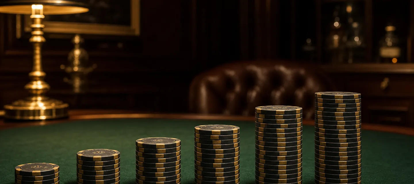 Five neat stacks of dark and gold chips rising in a clean ascending line on green felt under warm lamp light