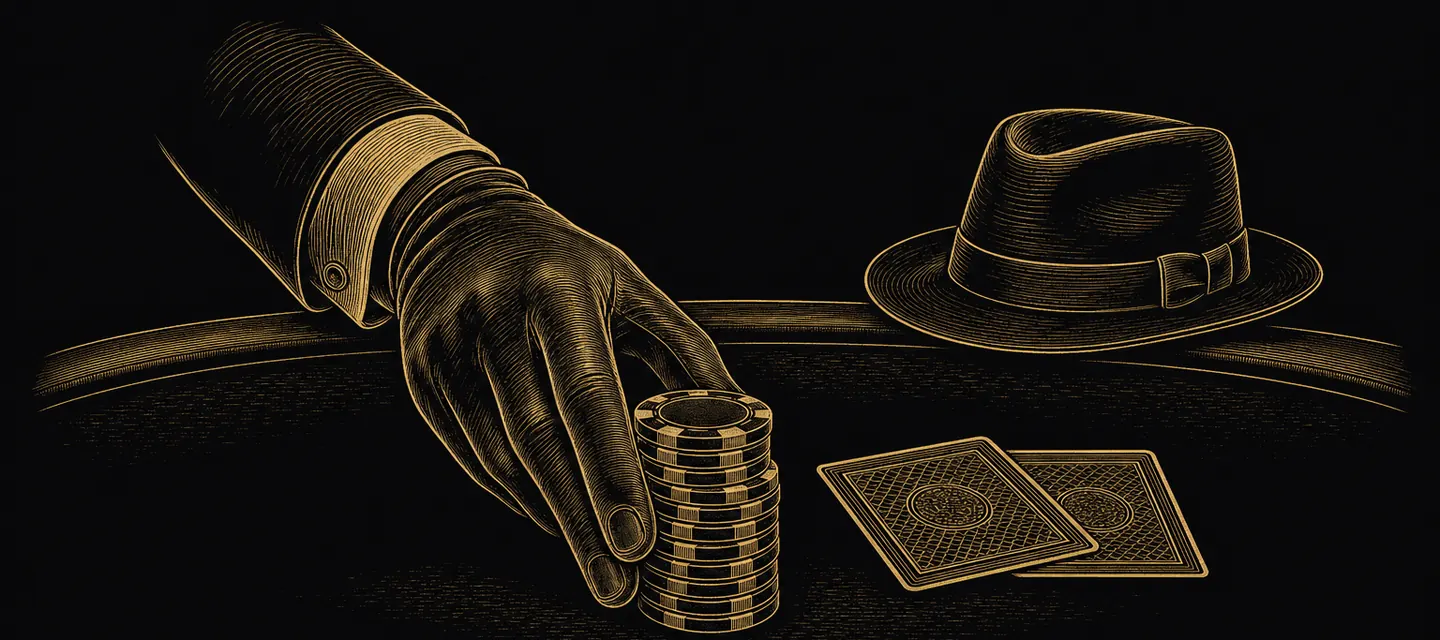 Gold line illustration of a gloved hand sliding a stack of chips forward past two face-down cards