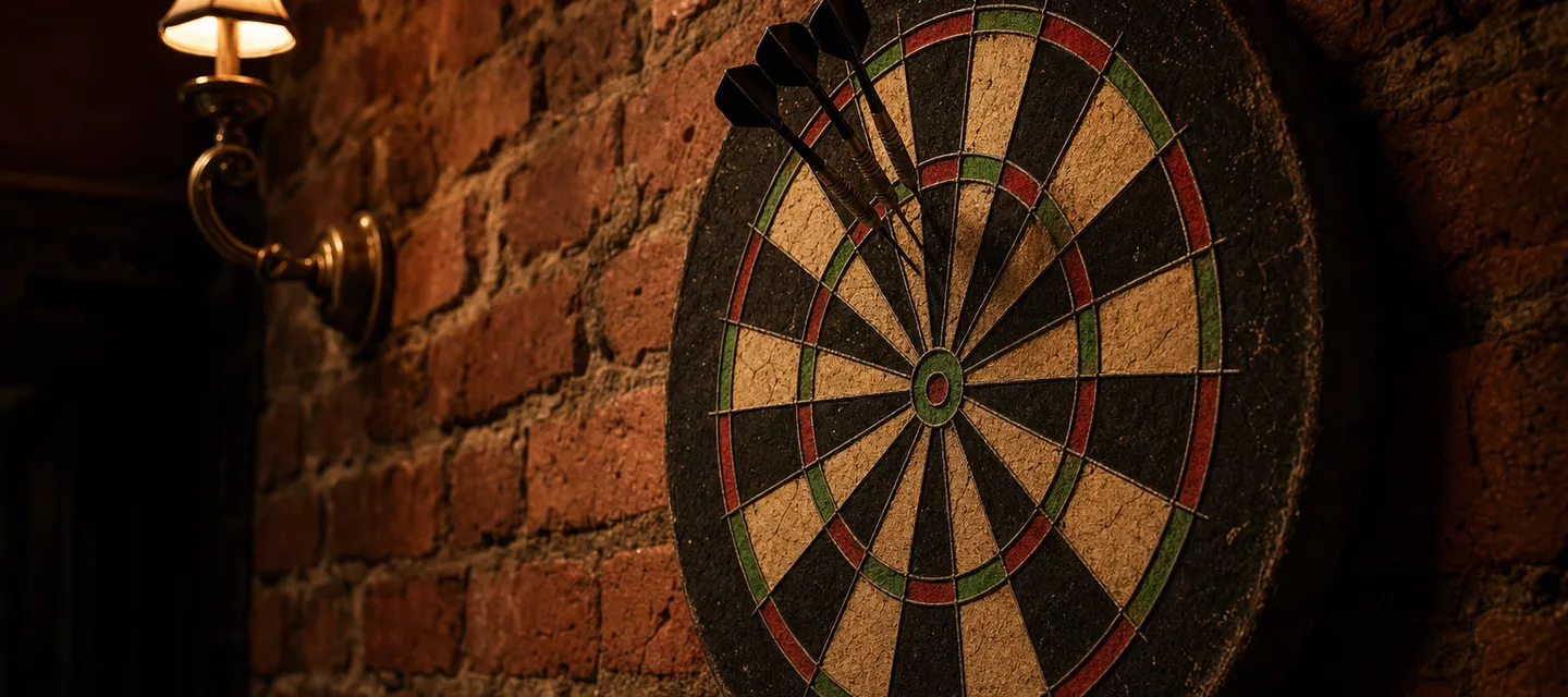 A weathered sisal dartboard on an exposed brick wall lit by a warm brass sconce, three darts grouped tight in the twenty