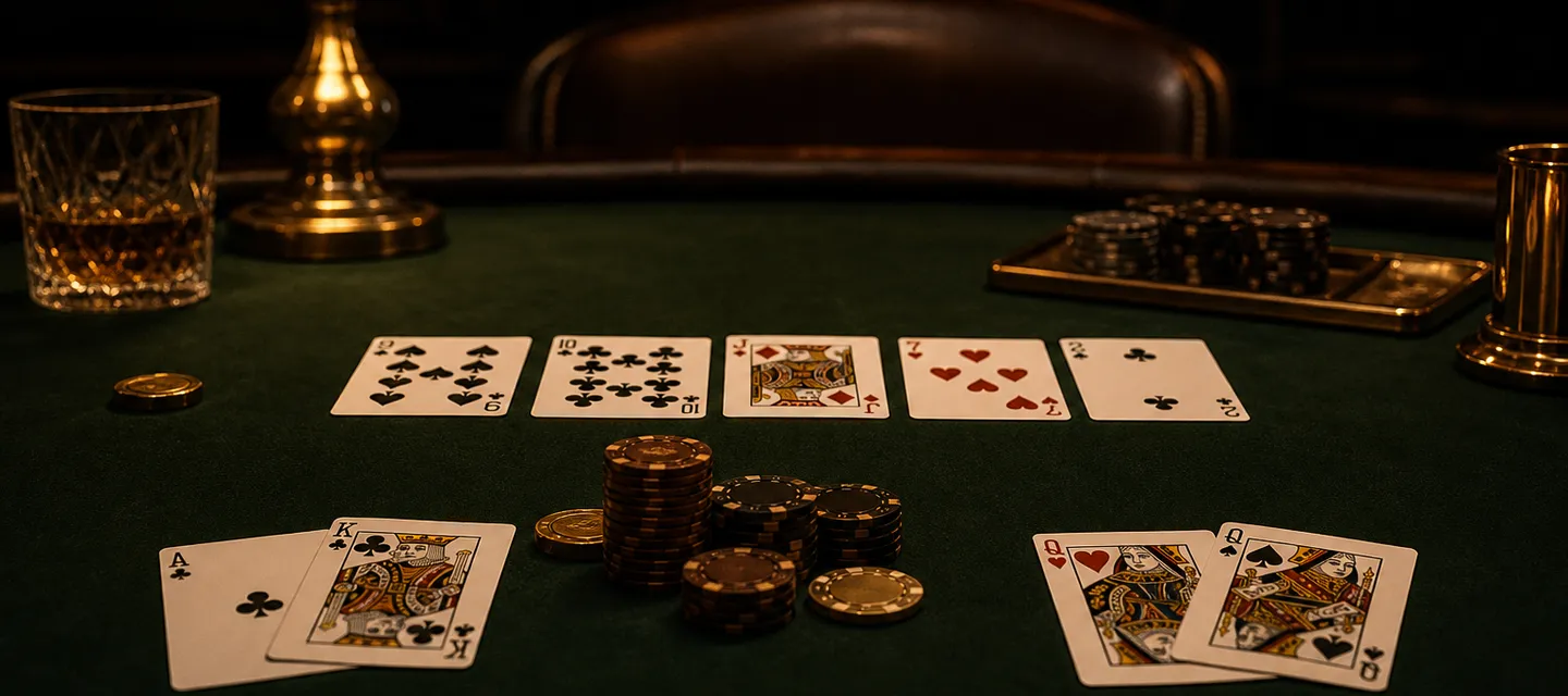 Two poker hands face up on opposite sides of a green felt table with five community cards between them and chips waiting in the middle