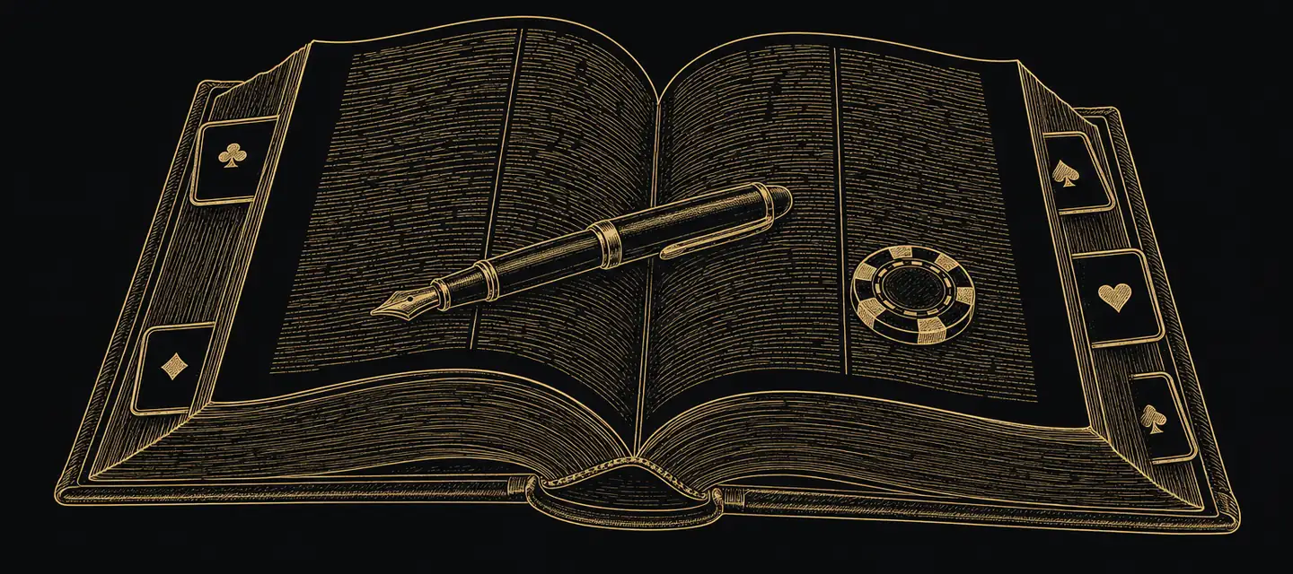 Gold line illustration of an open dictionary with playing cards tucked between the pages as bookmarks