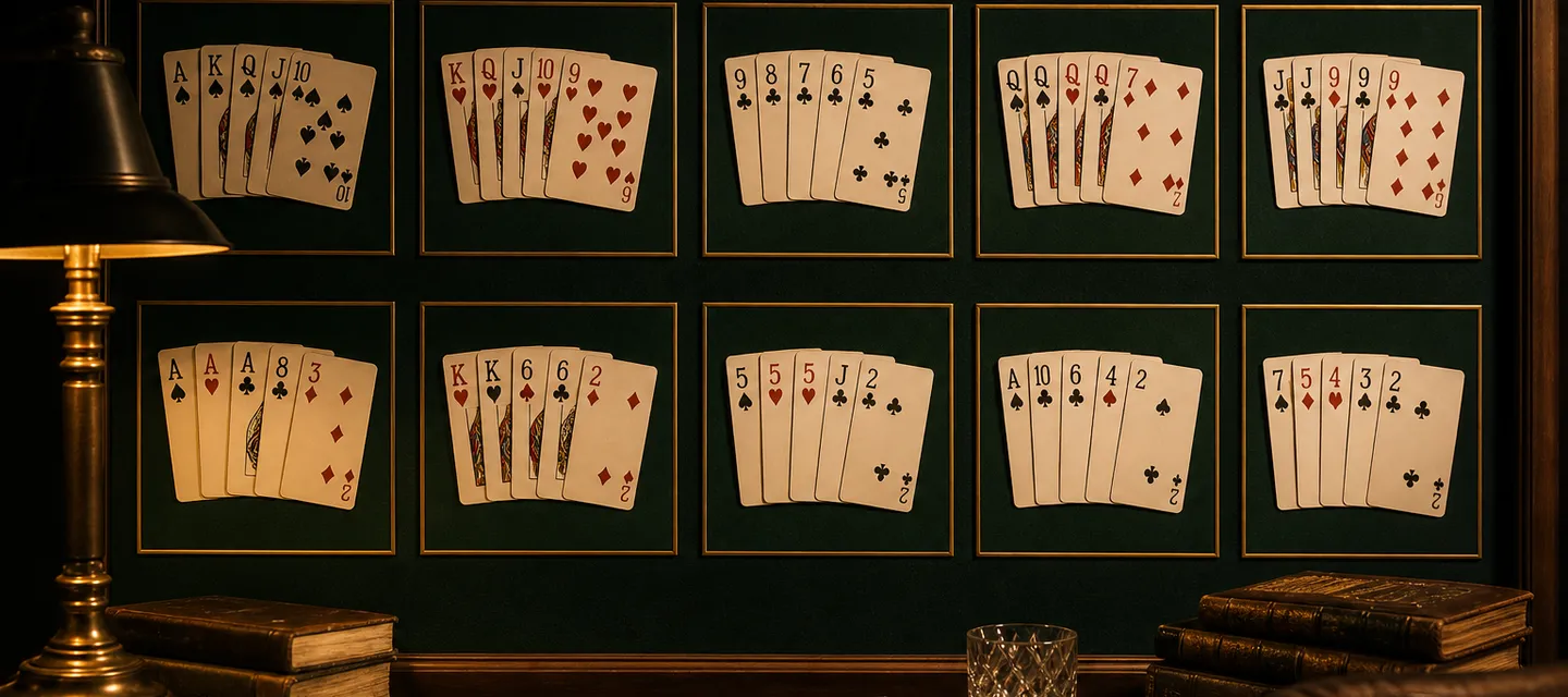 The ten poker hand combinations laid out in neat rows on dark green felt like a reference chart under warm library light