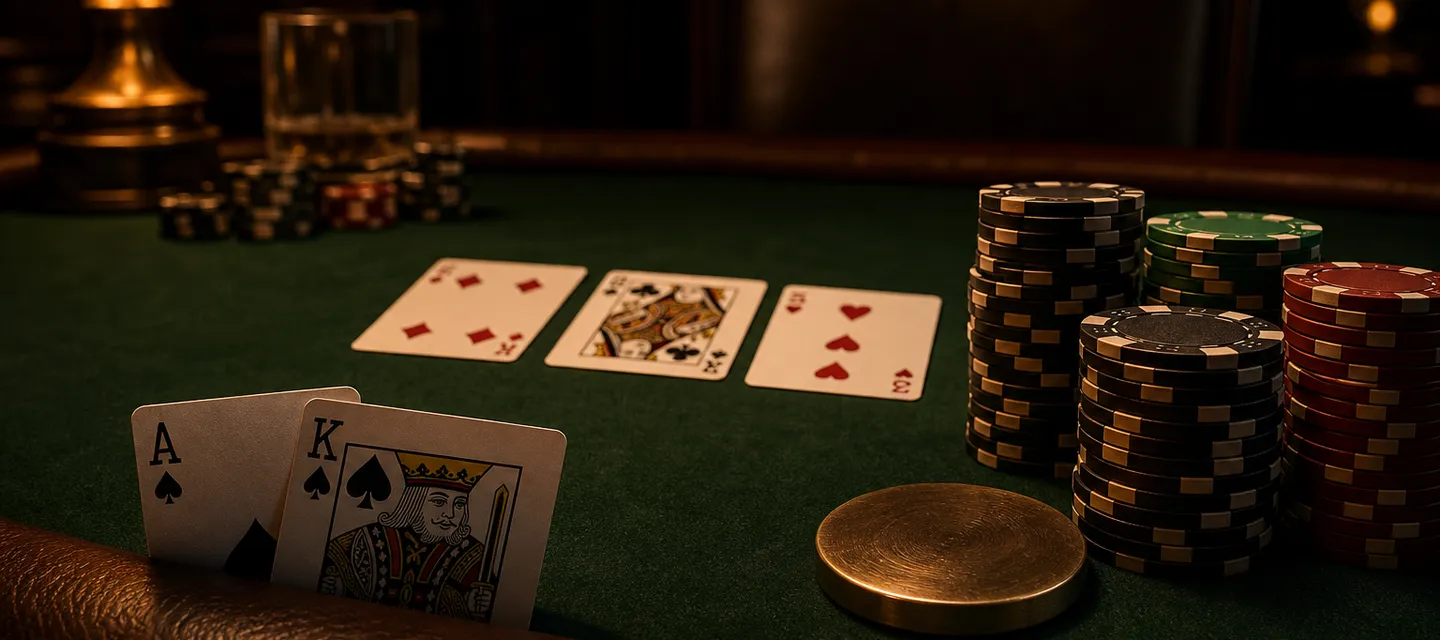 Two hole cards lifted at the edge of a green felt table with three community cards, chip stacks and a brass dealer button under warm lamplight