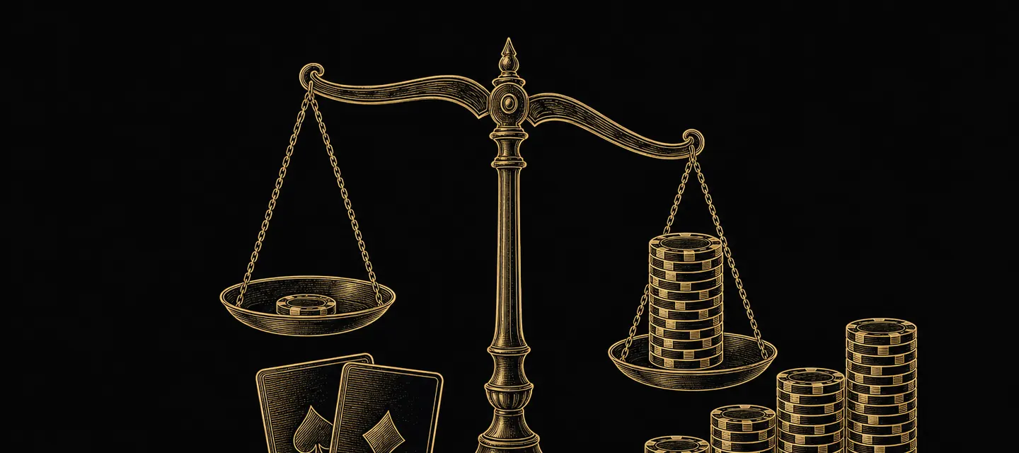 Gold line illustration of a balance scale weighing one chip against a tall stack, beside chip stacks rising in steps