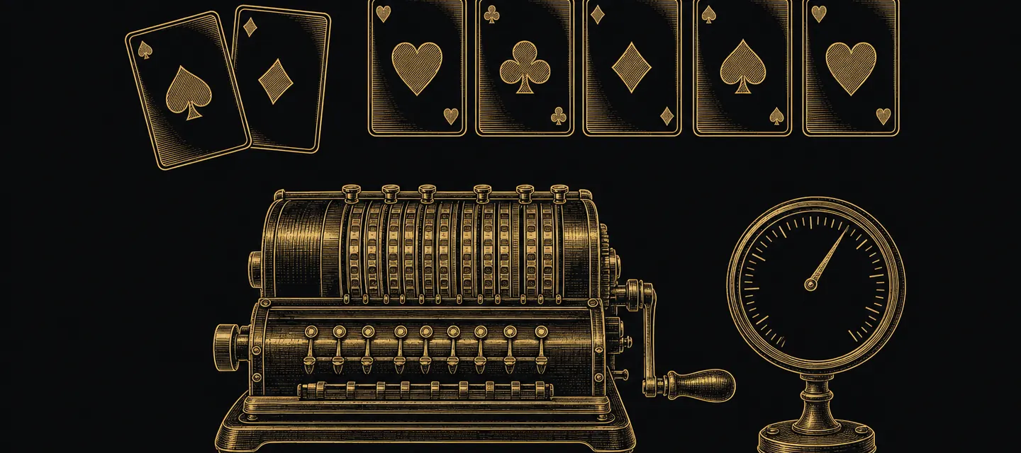 Gold line illustration of two hole cards and a five-card board above an antique brass calculating machine and a gauge dial
