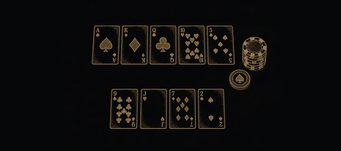 Gold line illustration of a poker table from above: five community cards in a row and a player's four hole cards below them, with chips