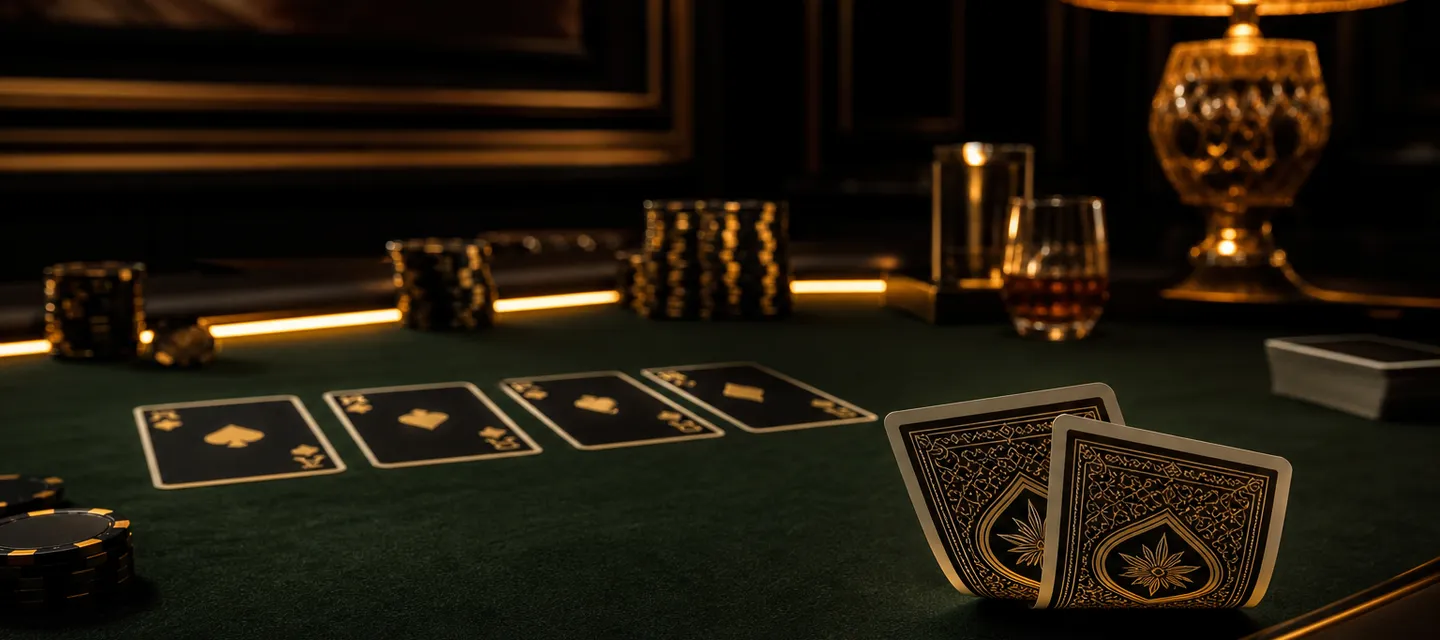 Two hole cards held above dark green felt with four community cards face up in a row under a seam of warm light