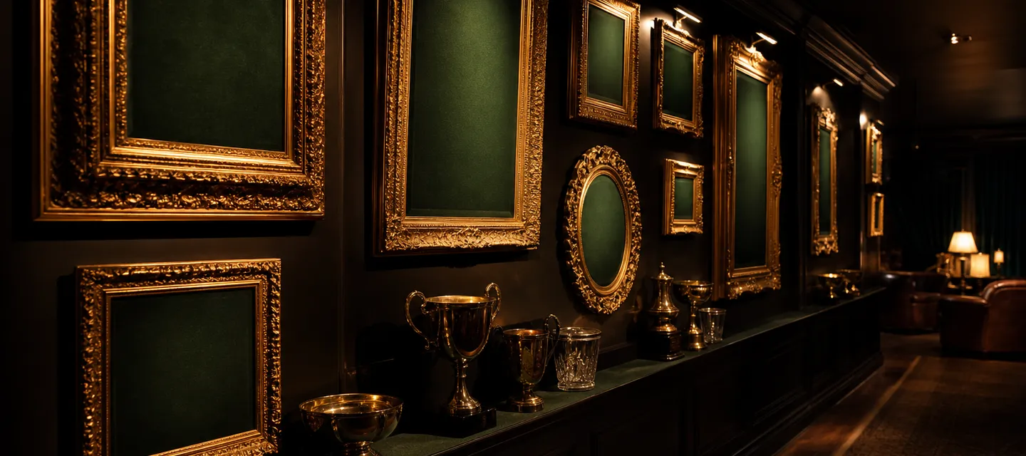 A dark lounge corridor with a gallery wall of ornate gold picture frames catching warm spotlights and trophies on a shelf below