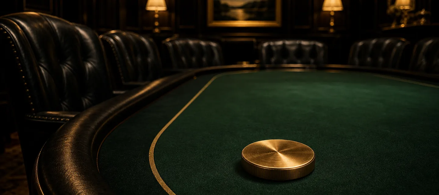A brass dealer button in sharp focus on green felt with empty leather seats curving away into warm shadow