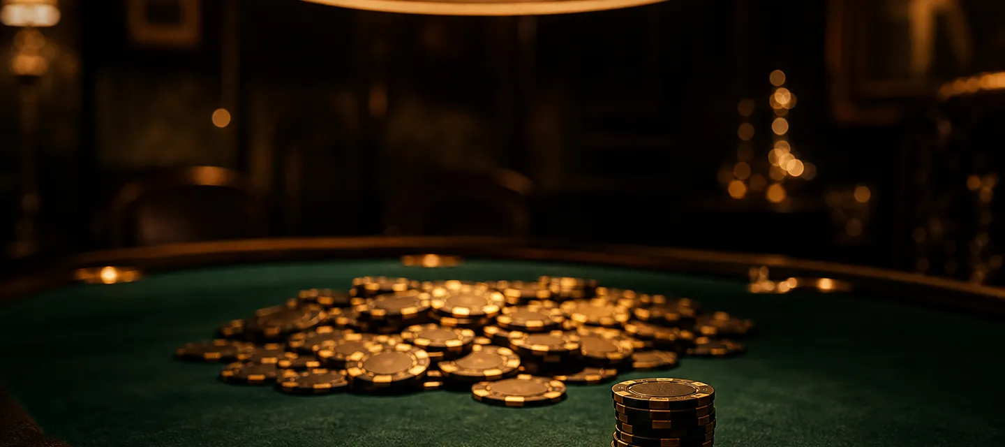 A large pot of ceramic chips in the centre of a green felt table with one neat stack pushed forward mid-call