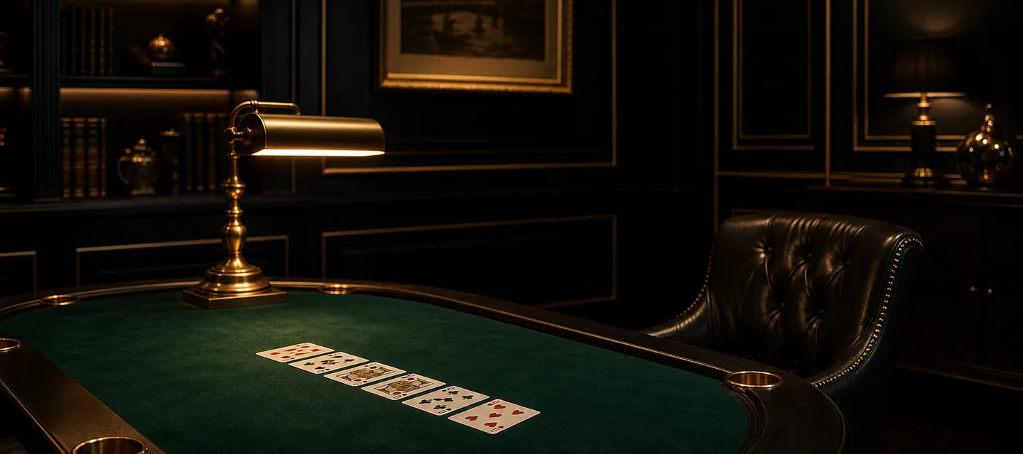 A single hand of cards dealt at an otherwise empty green felt table with one leather chair and a warm reading lamp