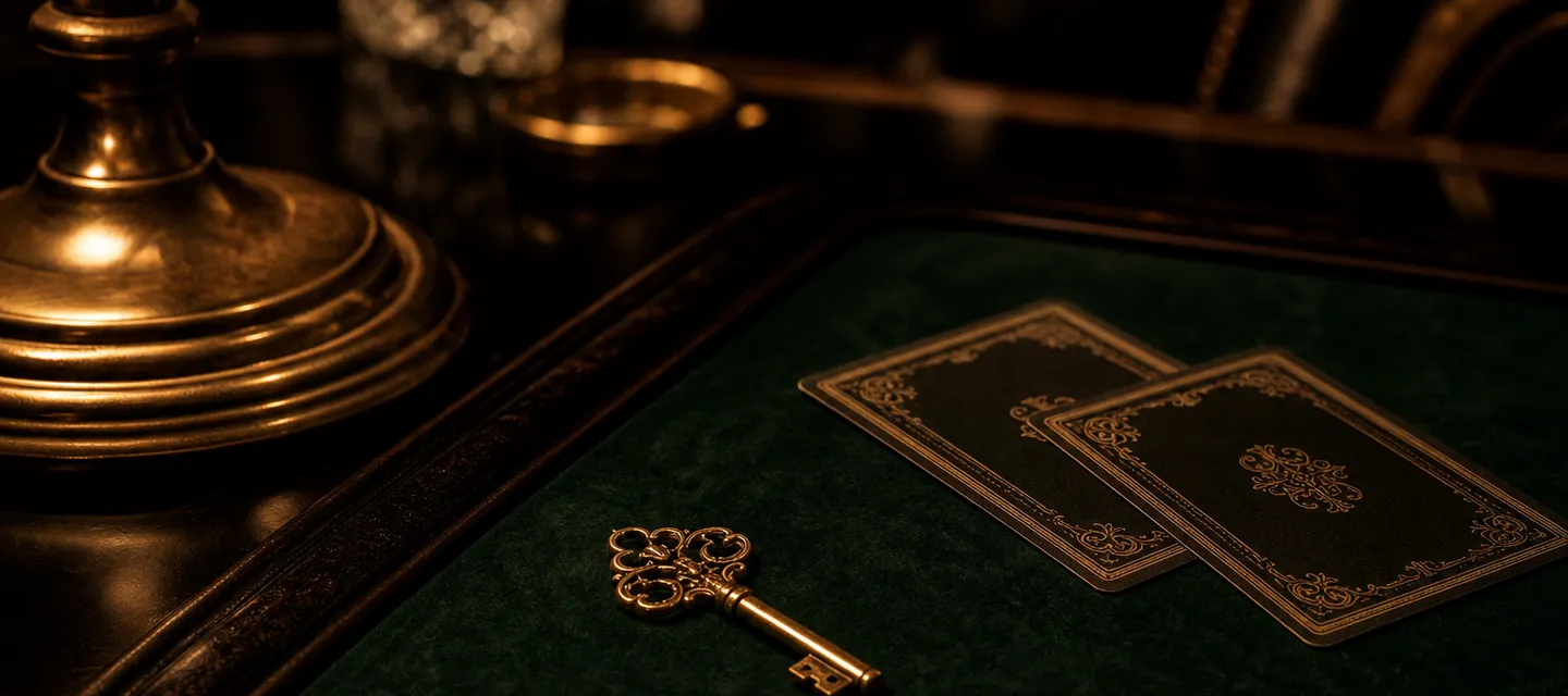 A small ornate brass key resting on green felt beside two face-down playing cards in soft warm light