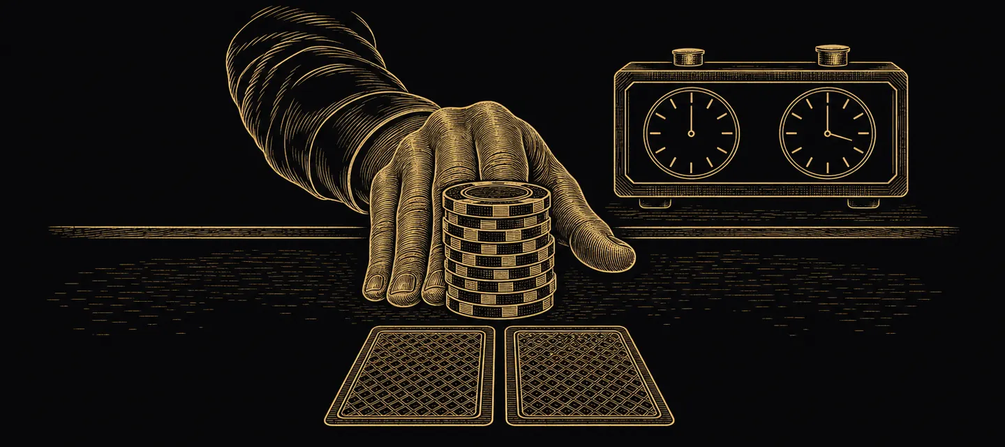 Gold line illustration of a hand pushing a short stack of chips all-in past two face-down cards, a tournament clock behind
