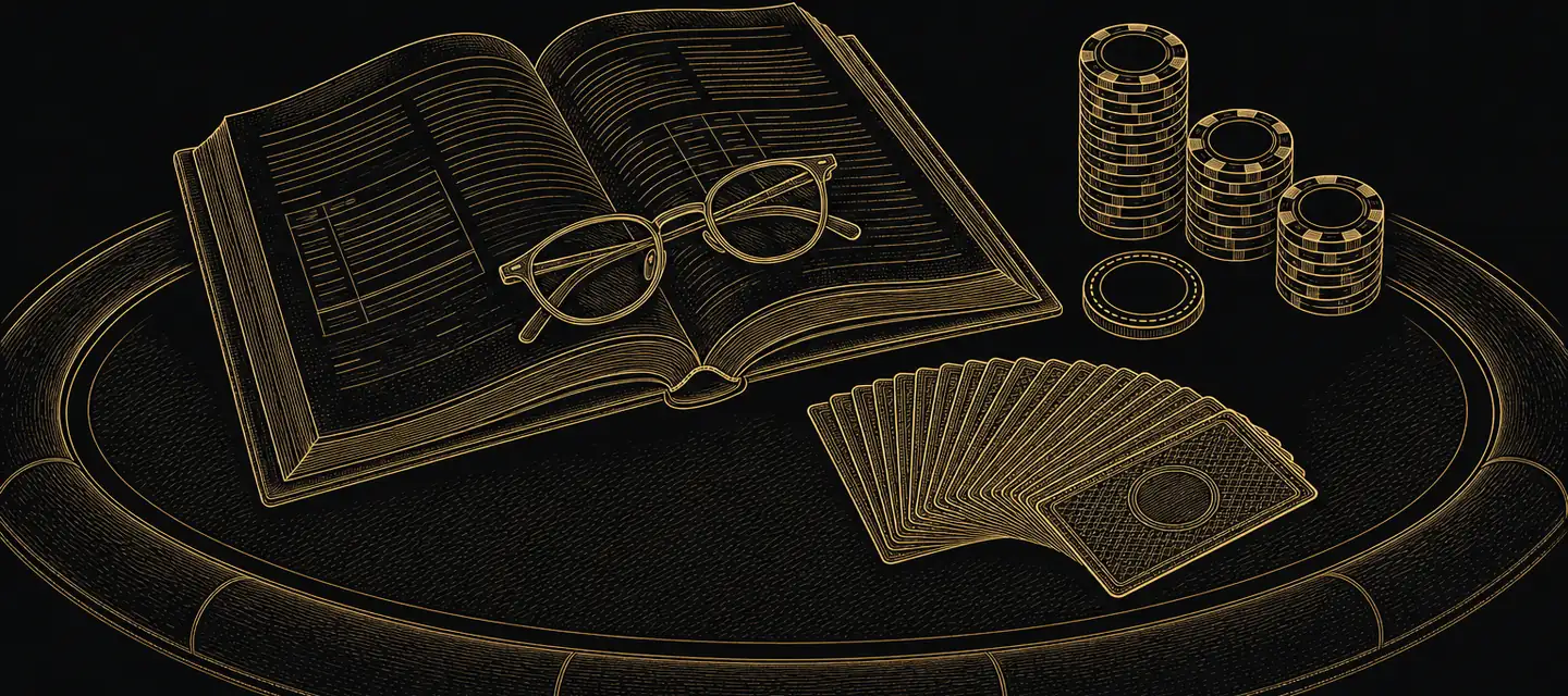 Gold line illustration of an open rule book on a poker table beside chips, a dealer button and a fanned deck