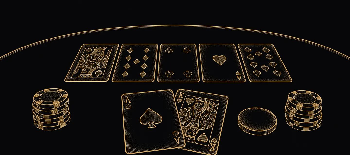 Gold line illustration of a Texas Hold'em layout: two hole cards, five community cards, the dealer button and the blinds