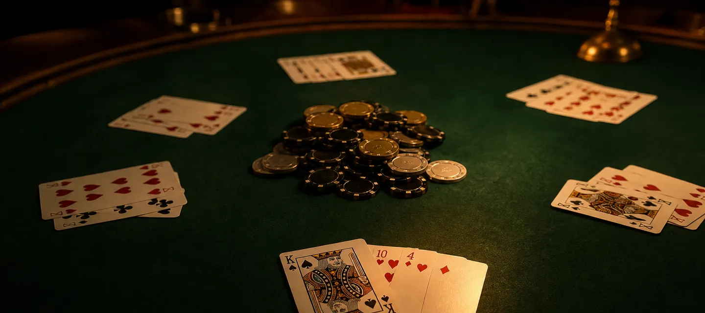 Several hands of cards turned face up around the centre of a green felt table with a large pot of chips in the middle