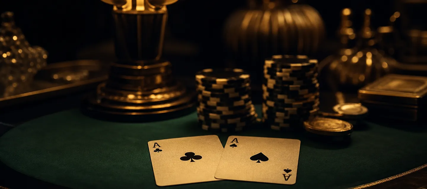 Two aces face up side by side on dark green felt under a single warm lamp with chip stacks blurred behind