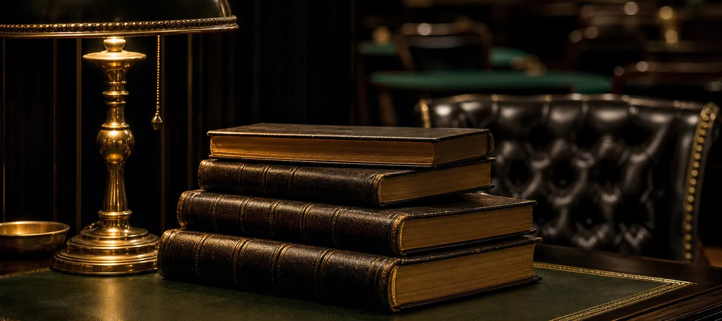 Stacked leather-bound club ledgers with gold-edged pages beside a brass desk lamp on dark polished wood