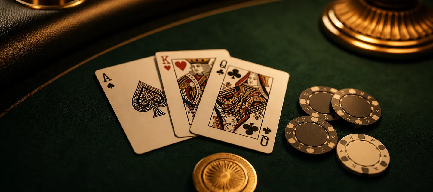Three playing cards fanned face up on green felt beside a few ceramic chips and a gold betting marker under warm lamplight