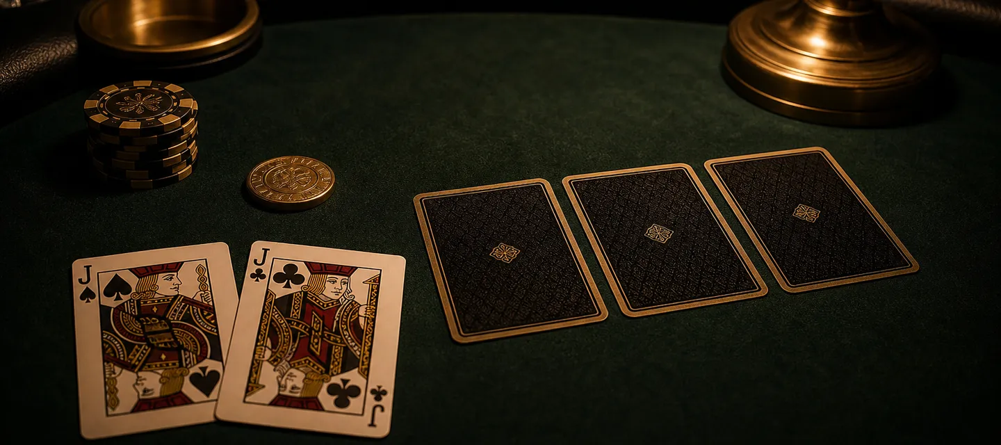 A pair of jacks face up on dark green felt beside three face-down cards waiting to be exchanged, with a small stack of chips