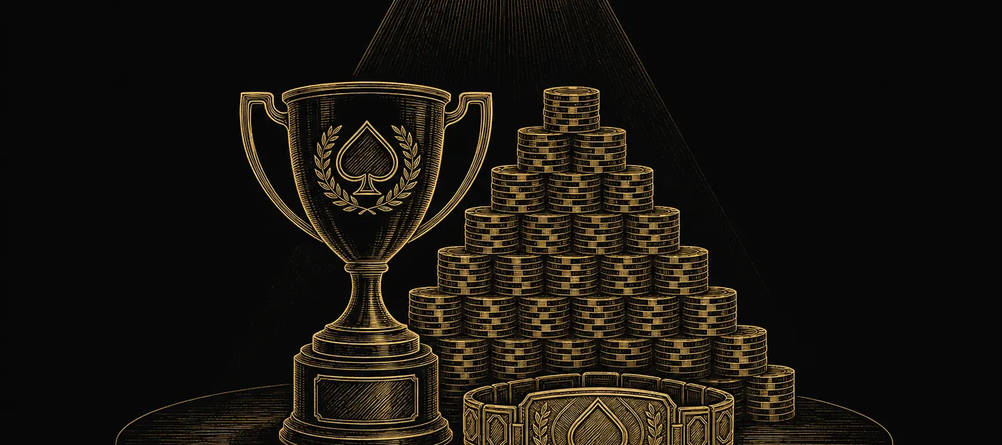 Gold line illustration of a championship poker trophy and bracelet in front of a pyramid of tournament chips