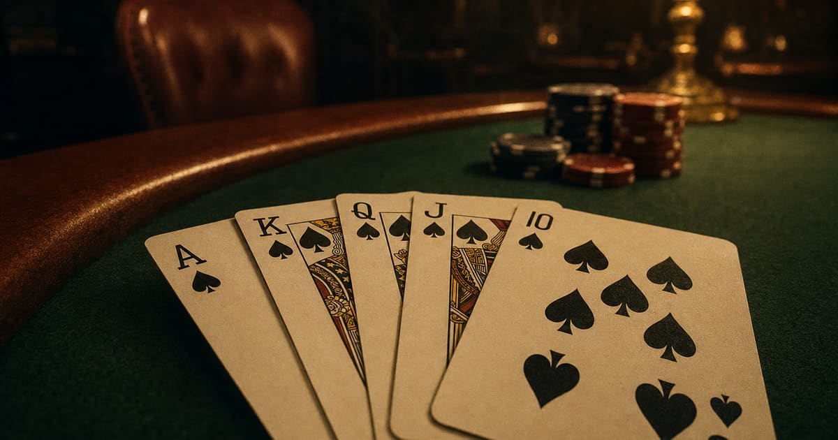 A royal flush in spades fanned out on green felt beside a stack of chips