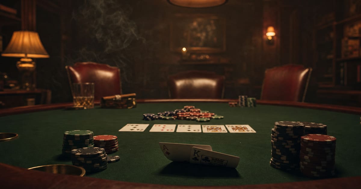 A player lifts two hole cards above green felt while four community cards wait in the middle of the table