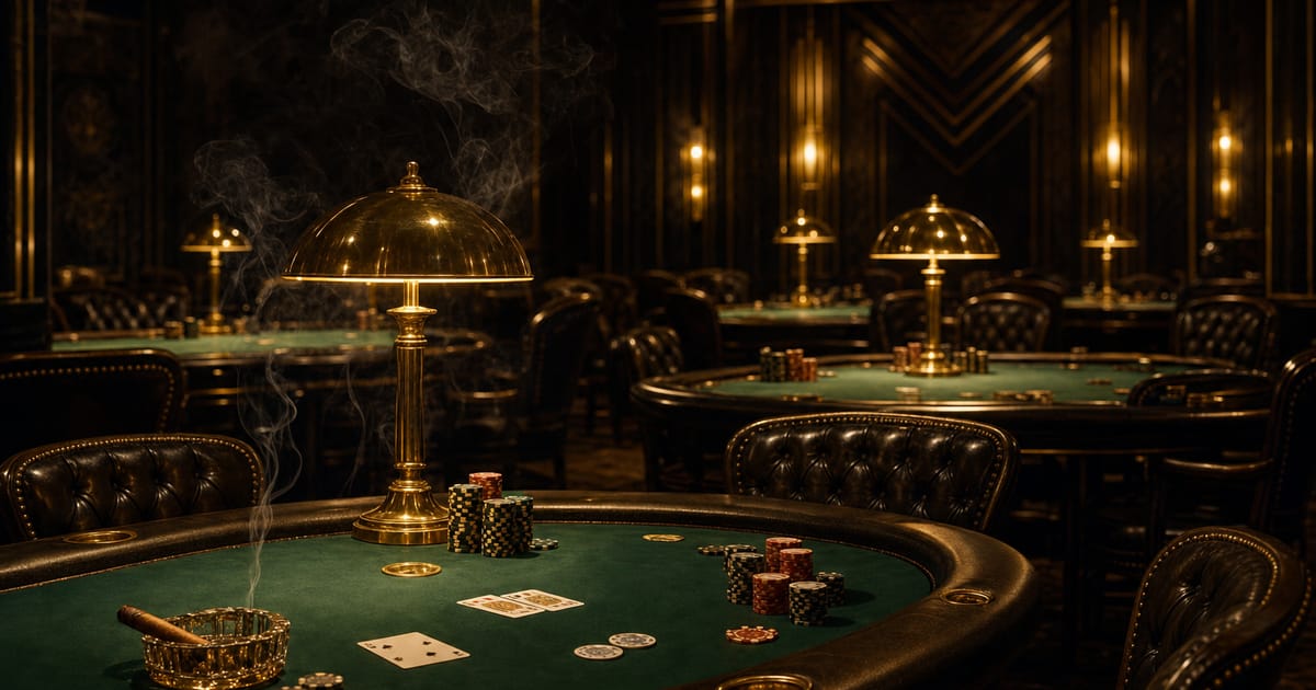 A grand private poker lounge in warm gold light, several green-felt tables receding into the dark under brass lamps