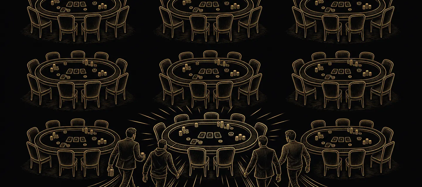 A lobby of small poker tables in a neat grid, one table highlighted as players move to a fresh seat, drawn in gold line art