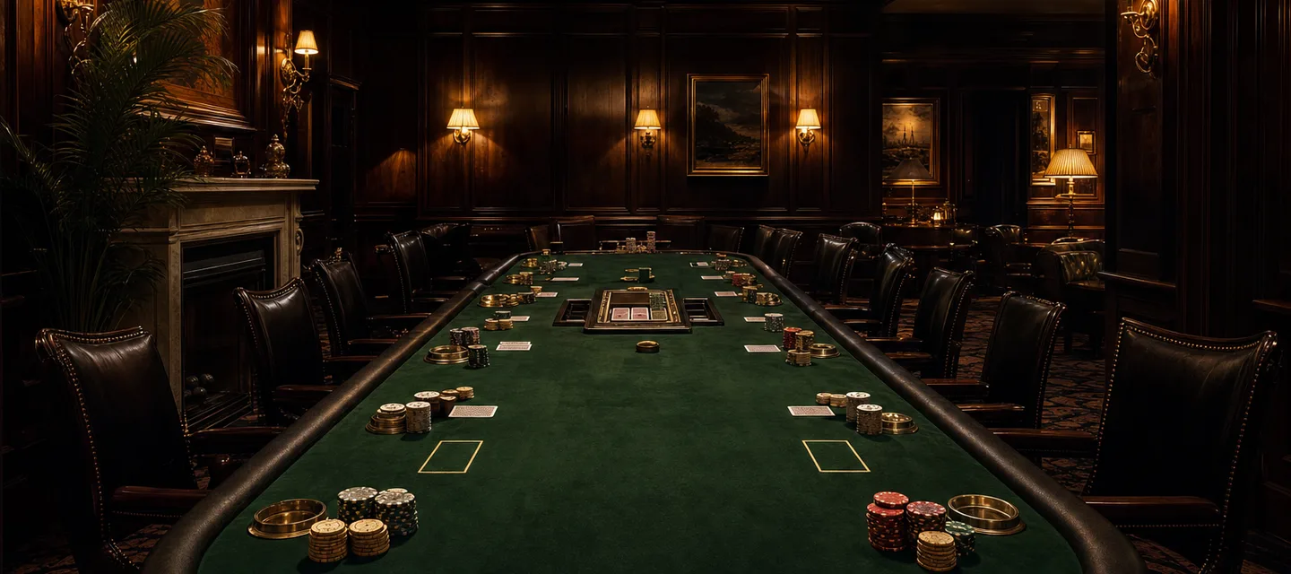 A heritage British card room with dark wood panelling, brass wall lamps and a long green-felt table set with chips and cards