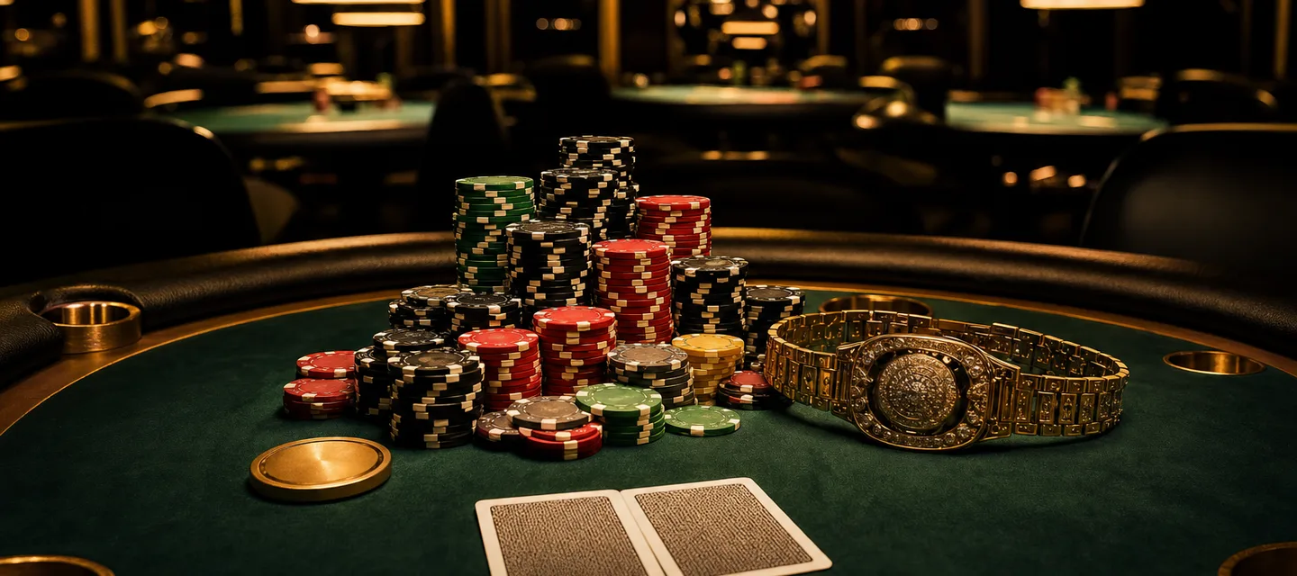 A vast championship poker arena: a sea of green-felt tables receding into darkness under rows of dramatic spotlights