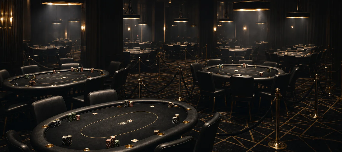 A live casino poker floor with several tournament tables, each under its own bright spotlight, velvet ropes between them