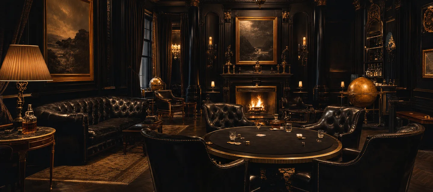A grand Victorian club game room at night with fireplace glow, deep leather armchairs and a card table in brass and gold light