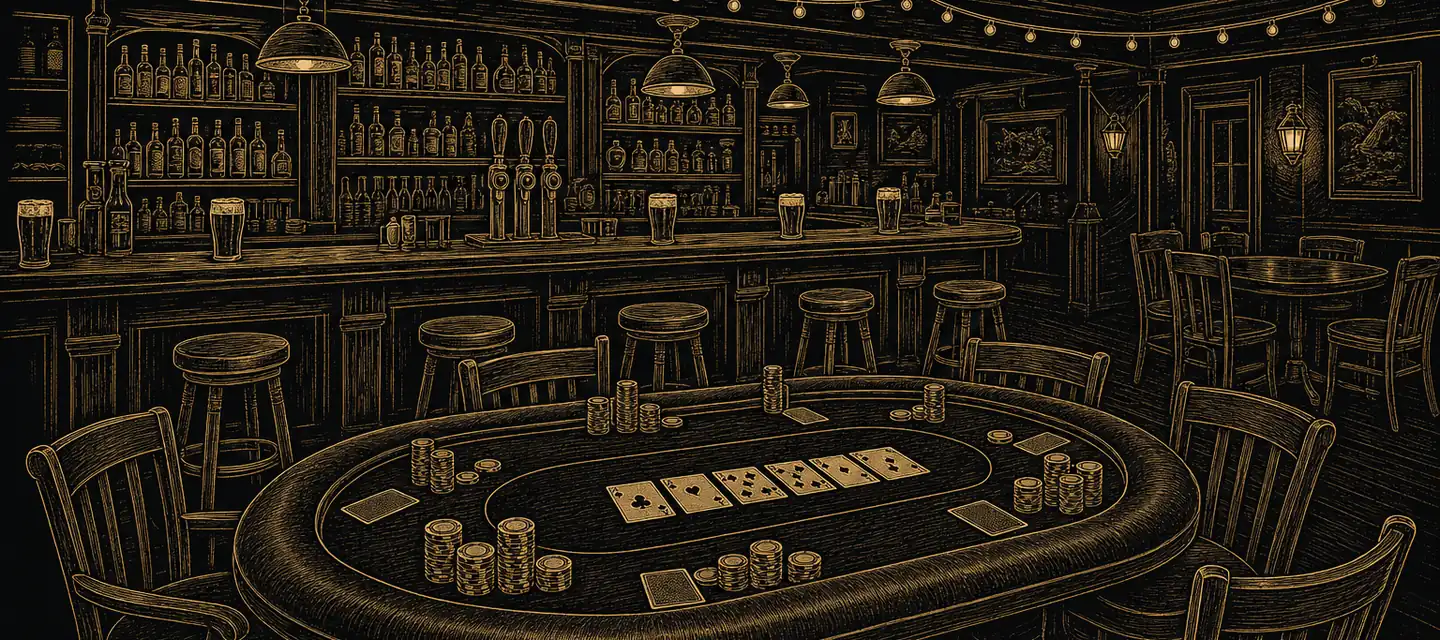 A lively card room with a long bar and string lights behind a poker table with cards and chips, drawn in gold line art