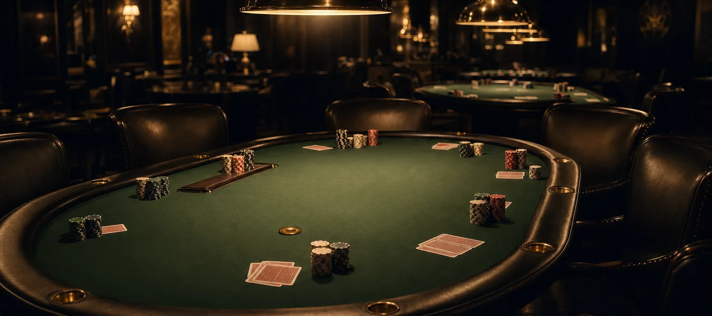 Rows of poker tables receding into a dark tournament hall, each under its own pool of warm gold lamplight