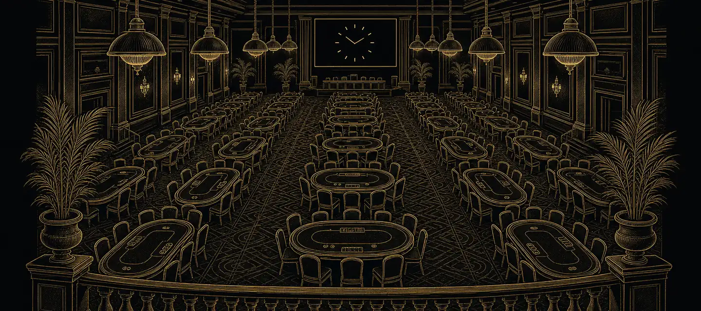 A vast tournament hall seen from a balcony, rows of poker tables under hanging lamps and a tournament clock at the far end, drawn in gold line art