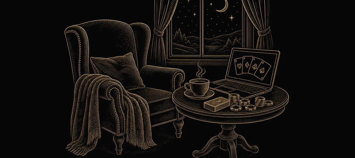 A cosy evening corner with an armchair, a cup of tea and a laptop showing a card table, a starry night through the window, drawn in gold line art