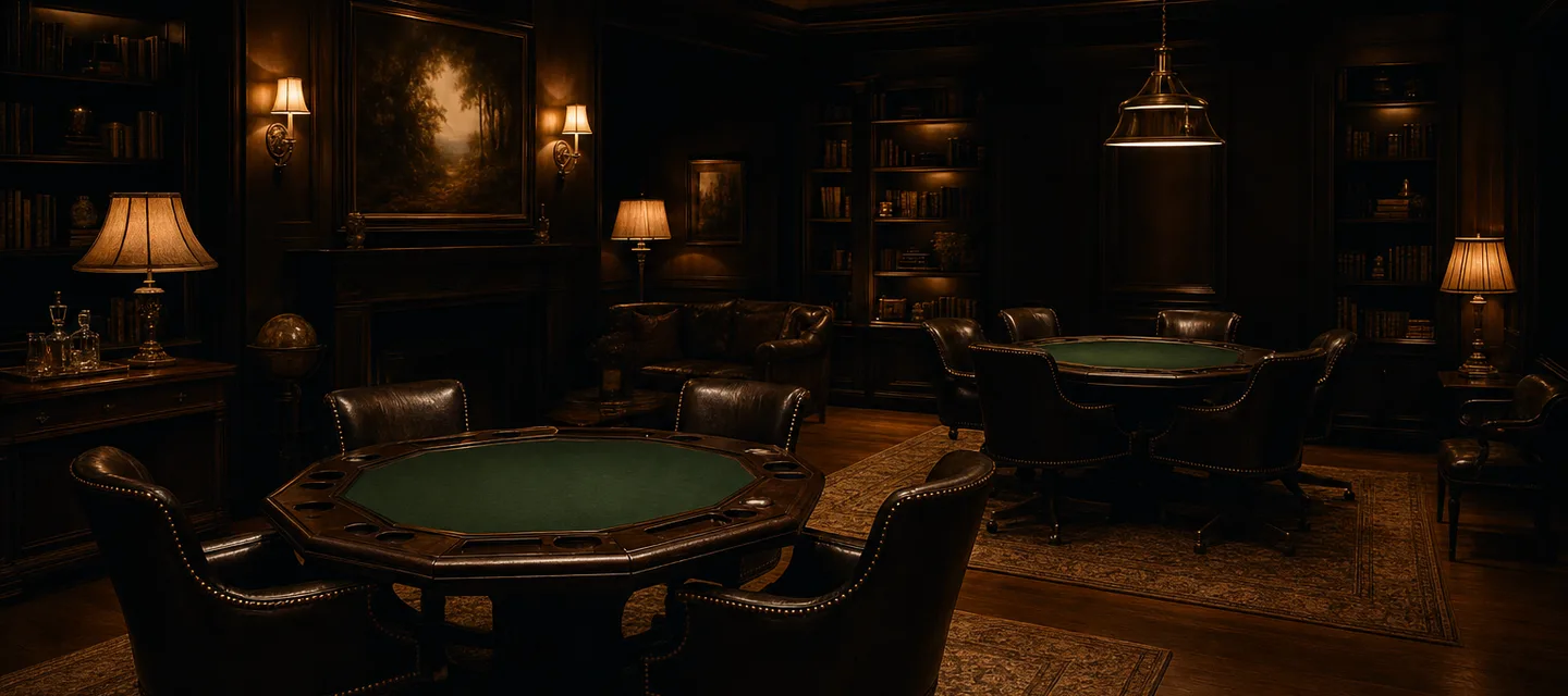 A warm unhurried card lounge with two green-felt tables, empty leather chairs and soft pools of golden lamplight