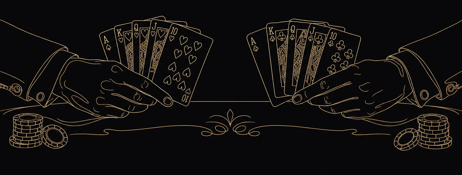 Line-art of two hands revealing their poker hands at a showdown