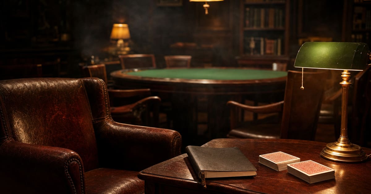A leather armchair and reading lamp beside a card table in a quiet club study