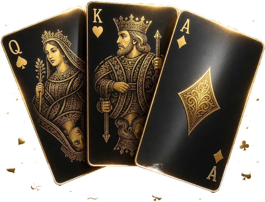 Three playing cards fanned face up on green felt beside gold chips under warm lamplight