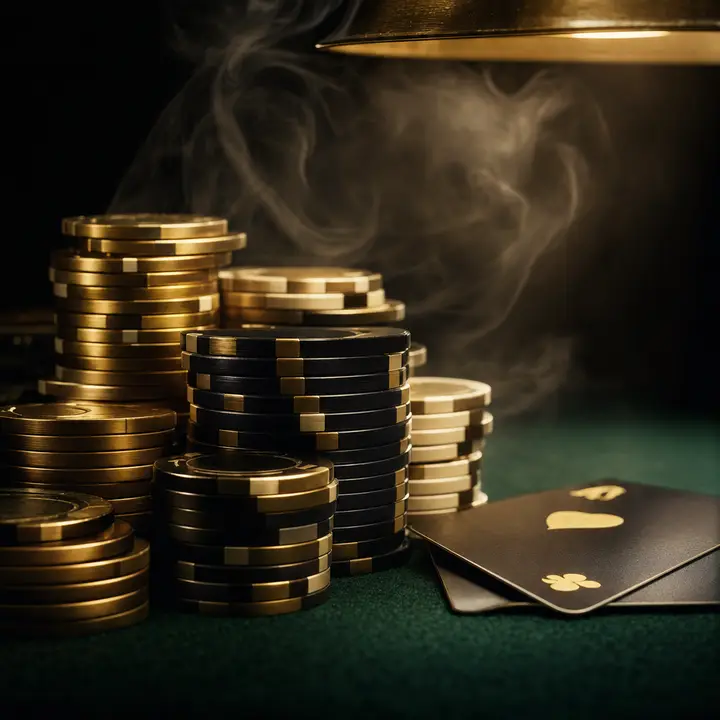Tall stacks of poker chips and cards on green felt
